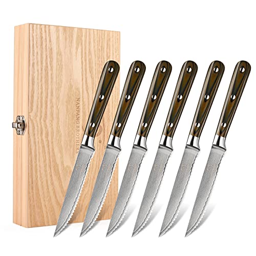 Damascus Serrated Steak Knife Set of 6 with Case, 5 Inch Serrated Steak Knife, 67 Layers Steel Blades Hand-sharpened to 15°, Non-slip G10 Ergonomic Triple Rivet Handle for Gift, Natural Wooden Box