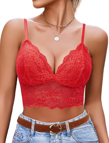 Image of Avidlove Lace Bralettes for Women V Neck Spaghetti Strap Bra Unpadded Tops Sexy Cami Crop Top Going Out Lingerie