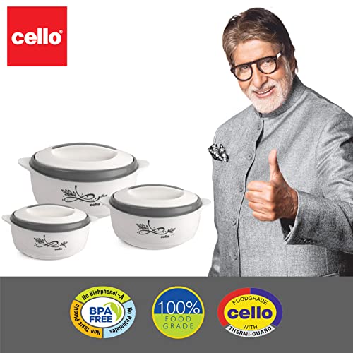 Image of CELLO Sapphire Insulated Casserole Hot Pot Case Set of 3 Pcs (500ml, 1000ml, 1500ml) White | Double Wall Insulated Hot Pot Case Keeps Food Fresh & Hot for Long Hours | Casserole Set for Roti & Rice