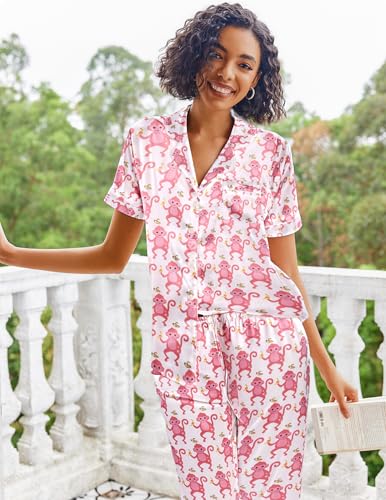 Image of Ekouaer 2 Piece Satin Short Sleeve Pajamas Set Button Down Sleepwear | Soft Pjs Set Classic Loungewear for Wedding, Party, Home, Daily Wear, Date Nights