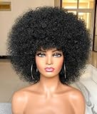 HIHOO Short Afro Wig with Bangs for Black Women Afro Kinky Curly Wig 70s Premium Synthetic Big Afro Wigs(Black)