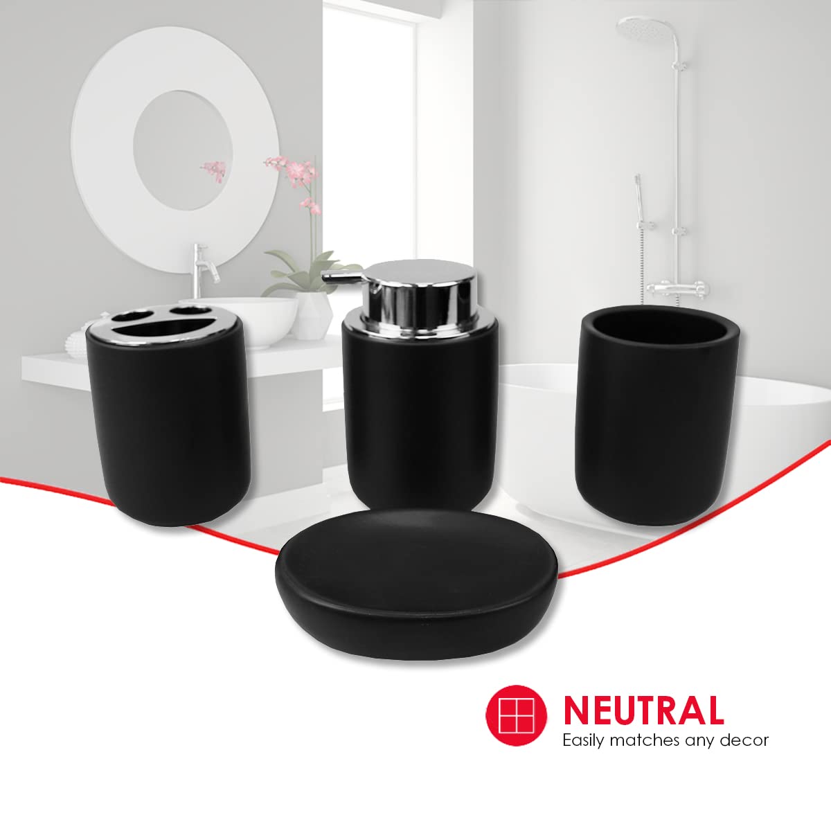 Home Basics Luxem 4 Piece Ceramic Bath Accessory Set (Black, 1) | Matte Finish | Neutral Color | Extremely Durable