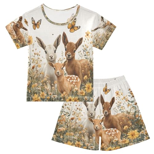 ALAZA Watercolor Deer Butterfly Flower Pajamas Set Short Sleeve Cotton Sleepwear Summer Pjs 2 Piece 5-14Y