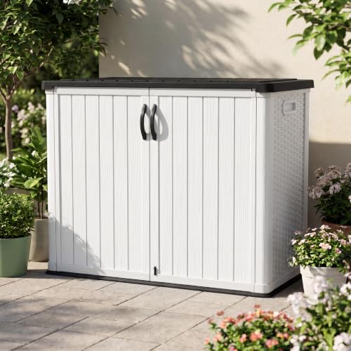 Image of Devoko 26 Cu Ft Resin Outdoor Storage Cabinet with Lockable Doors, White | Horizontal Storage Shed Waterproof Patio Tools Storage Box, Easy to Assemble for Backyards,Patios, Pools, Gardening Tools