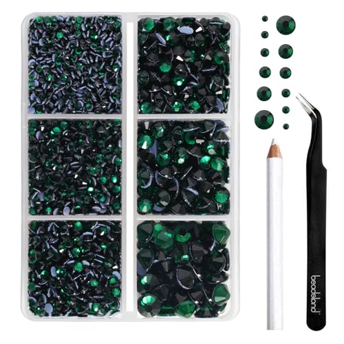 Image of BEADSLAND Hotfix Rhinestones, 4000 PCS Green Rhinestones for Clothes Crafts Mixed 6 Sizes with Wax Pencil and Tweezers Kit, SS6-SS30, Emerald