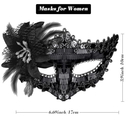 Image of PATPAT 2 Pack Black Masquerade Mask for Women & Men, Venetian Carnival Halloween Cosplay Party Mask, Couple Venetian Masks Sequin Face Cover Masks for Party Night Club Carnivals Masquerade Balls