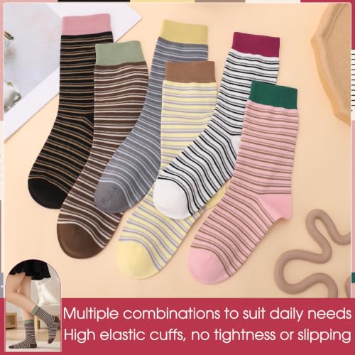 Image of Jspupifip 6 Pairs Womens Strip Crew Socks Cute College Style Ribbed Socks | Combed Cotton, Elastic Ribbed, Retro Stripe, for Work, Commuting, Shopping, Dating, Birthday, Sports, Home, Office