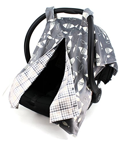 Image of Dear Baby Gear Deluxe Reversible Car Seat Canopy, Custom Minky Print, Fish on Grey /Grey Tan Plaid