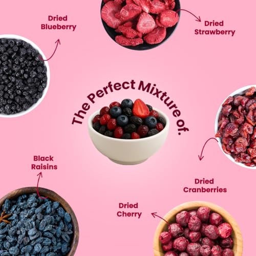 Image of Livyor 5 in 1 Berry Mix for eating - 200g | Good Source of Fibre | Dried Cranberries | Black Raisins | Cherries | Blueberries | Strawberries | Berry Blast | Berries dry fruits | Berries fresh | Pack of 1
