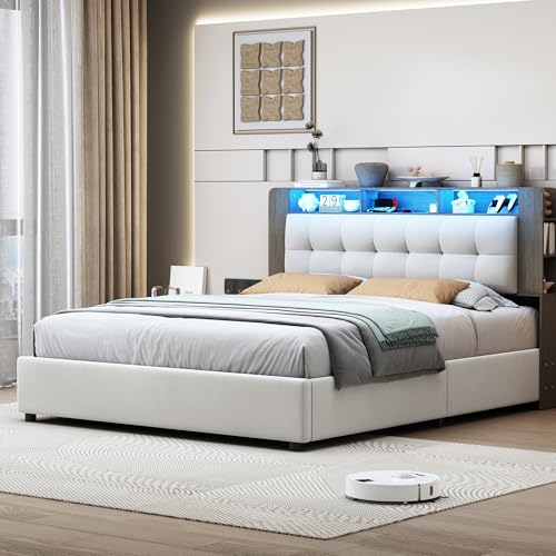 PerGar Bett 140x200, Doppelbett Polsterbett Funktionsbett mit LED-Beleuchtung und Kabelloses Laden, Kopfteil mit Stauraum, Bettgestell Stauraumbett mit Lattenrost, Samt, Ohne Matratze, Cremefarben – Bild 6