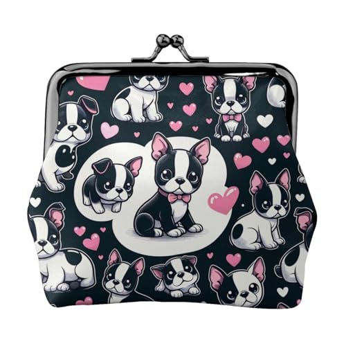 Pu Leather Buckle Coin Purse Puppy-Boston-Terrier-Love Girls Kiss-Lock Change Purse Wallets