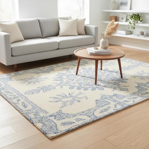 Image of Handmade 100% Wool Pile Area Rug - Traditional Medallion Design with Cotton Backing | Thick, Durable, & Textured Tufted Carpet for Living Room, Bedroom, Dining Area or Office Decor (Beige, 5' x 8')