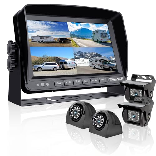 Image of RV Backup Camera System with 7'' Monitor Wired for RV Semi Box Truck Trailer Bus, 4 Split Screen Quad View HD DVR Record Monitor + IP69 Waterproof Night Vision Rear Side View Camera Avoid Blind Spot