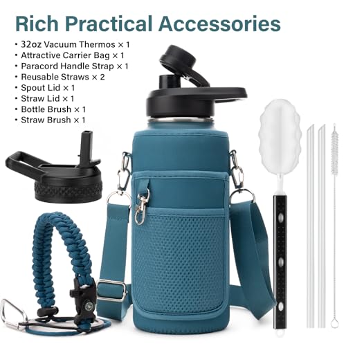 Insulated Water Bottle | Thickened Stainless Steel Vacuum Metal | Portable Sports Water Jug for Gym and Hiking with Straw, Carrier Bag, Handle Strap | BPA-Free 32 oz