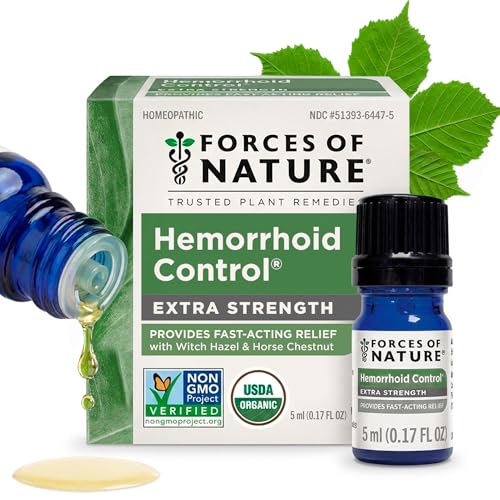 Forces of Nature Hemorrhoid Control Extra Strength, Organic Homeopathic Medicine with Witch Hazel, Horse Chestnut, and Soothing Essential Oils for Itching, Swelling & Discomfort, 5ml (0.17 fl oz)