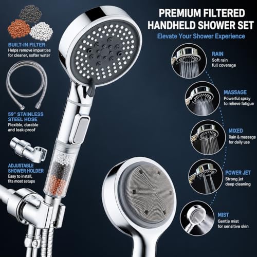 Regadera de mano filtrada Socila con botón On/Off, 6 modos de rociado, masajeador para espalda, reduce cloro y fluoruros, incluye manguera y soporte miniatura 2