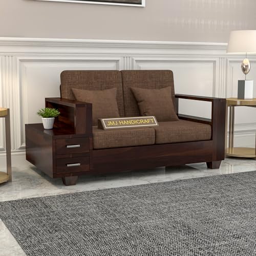 Image of Solid Sheesham Wood 2-Seater Sofa Set for Living Room - Elegant Wooden Sofa Chair with Drawer Storage Sofa Set for Home (Design 11)
