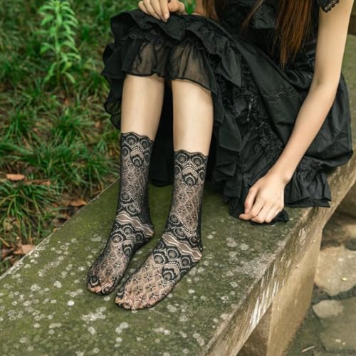 Image of Womens Lace Cotton Socks Transparent Mesh Ruffle Dress Calf Socks