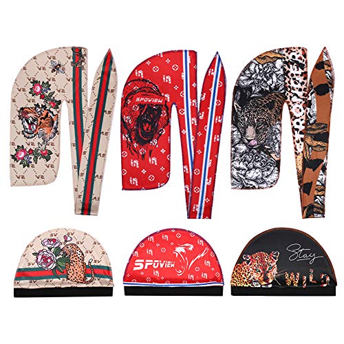 Premium Silky durag & Wave Cap(Multi Colors),Designer Durag With Long Wide Tail for 360 wave (JUNGLEDURAG&CAP-TIGER-GORILA-PUMA)