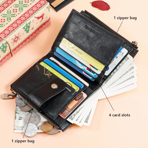 men's RFID shielded leather wallet, double fold wallet with 16 card slots and ID card window (Black)3