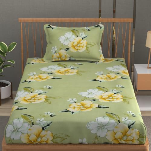Image of Premium Heavy Cotton Elastic Fitted Bedsheets with 1 King Size Pillow Covers | Single Bed with All Around Elastic 350 TC | 36 x 78 x 6 Inch Single Size Fitted | - Light Green