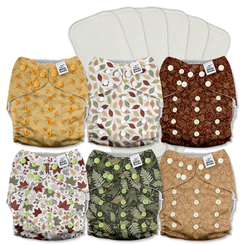 Mama Koala 3.0 Pocket Cloth Diapers for Babies with AWJ Lining, 6 Pack with 6 5-Layer Natural Cloth Diaper Inserts - Reusable and Washable Pocket Diapers(A-Falling Leaves)