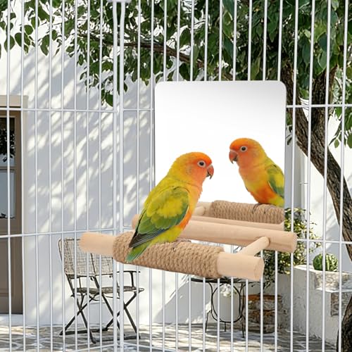 Image of Litewoo 6.7 inch Bird Mirror for Cage Wooden Hanging Parrot Perch Swing Toy | Acrylic mirror with wooden stand, hemp rope for foot care, reduces bird loneliness, for parakeet /budgie /cockatiel /lovebird