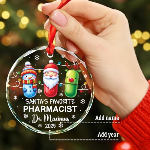 Personalized Pharmacist Glass Ornament Christmas 2026, Santa's Favorite Pharmacist Xmas Ornaments, Drug Ornament Gift for Pharmacy Technician, Custom Year & Name Pharmacists Ornaments Xmas Tree