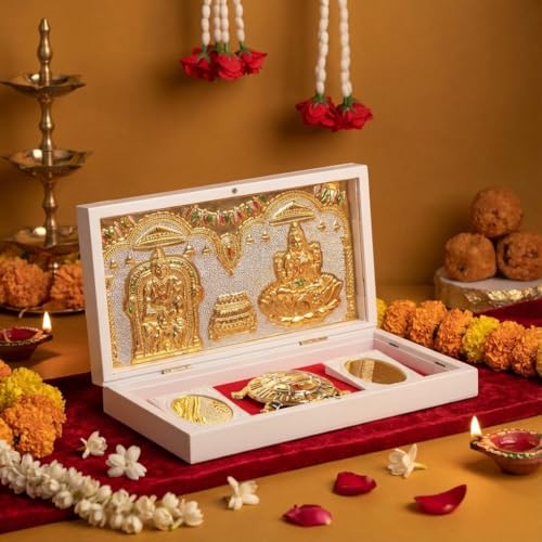 Image of Laxmi Kuber Pocket Temple for Pooja Room, Gifting for Wedding & Housewarming Ceremony I Gold Plated Photo Frame with Charan Paduka & Turtle for Good Luck - (8.4x4.5Inch) - Pack of 1