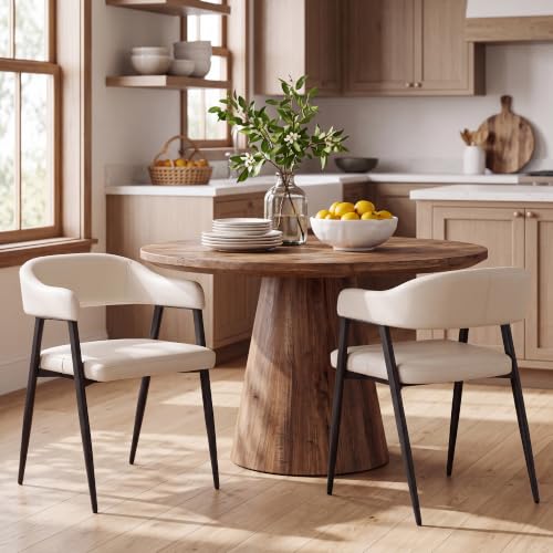 Image of HNY Modern Dining Chairs with Arms Set of 2, Beige Faux Leather Armchairs