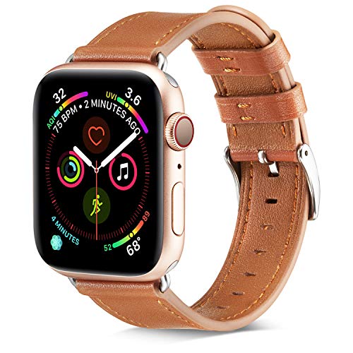 Compatible with Apple Watch Band, COVERY 38mm 40mm Watch Band Genuine Leather Strap Stainless Metal Buckle Compatible Apple Watch Series 4(40mm),Series 3, 2, 1, (38mm) Sport & Edition- Brown