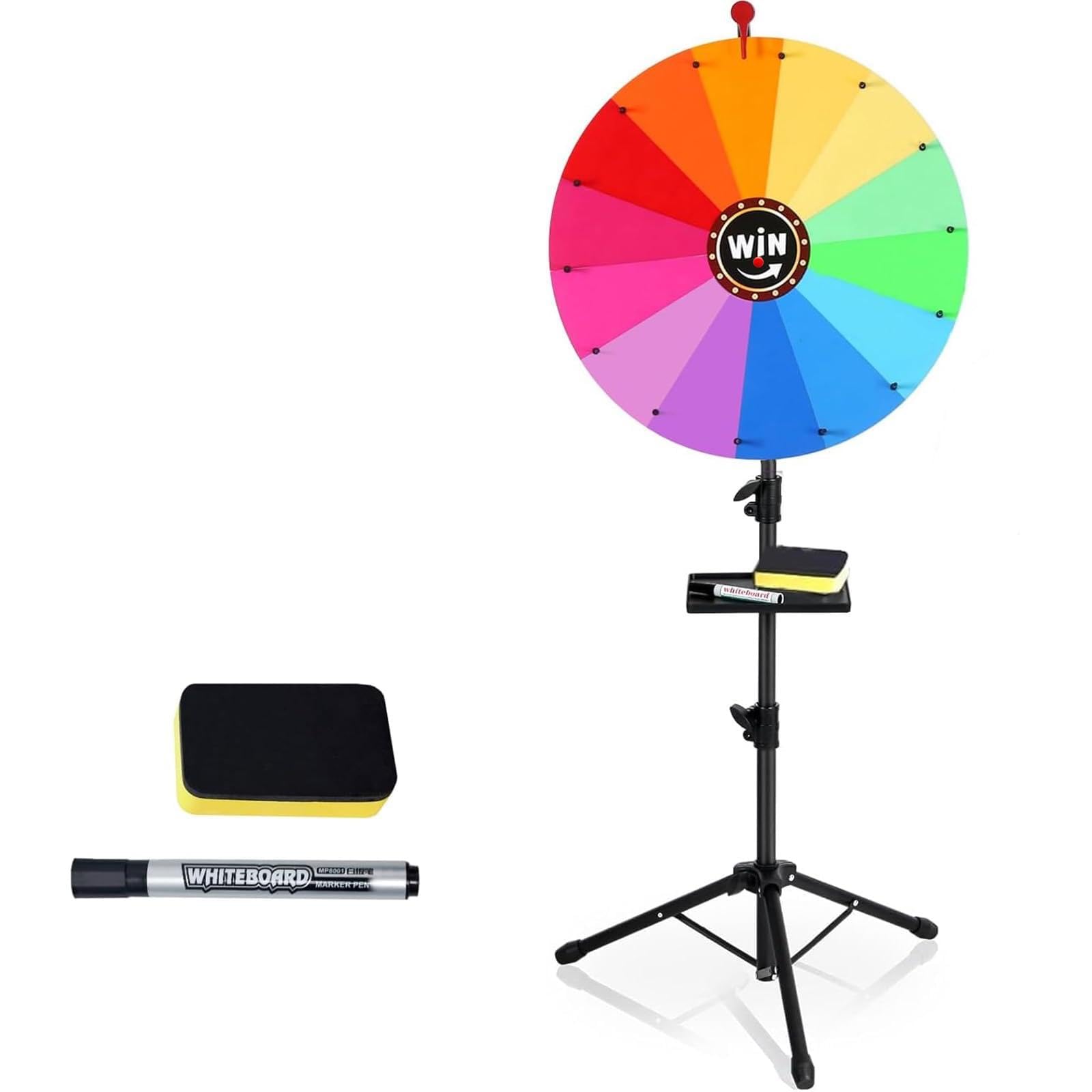 Glücksrad zum Drehen 61 cm, Höhenverstellbar 100 bis 160 cm Beschreibbar und Abwischbar mit Stift Tafelwischer und Ablage Abnehmbares Glücksrad für Gewinnspiele Verlosungen Events und Partys