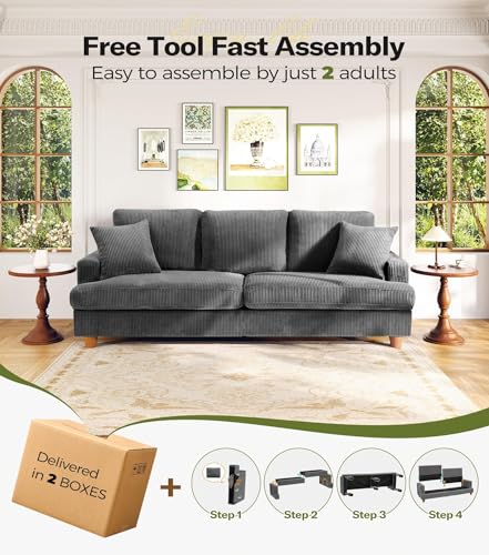 Image of Kidirect 87in Corduroy Couch, Sofa No Tool Assembly, Comfy Couches for Living Room 21in Deeper Seats, Corduroy Sofas for Living Room with 2 Pillows, Oversized Loveseat Sofa, Boho Love Seat Grey Couch