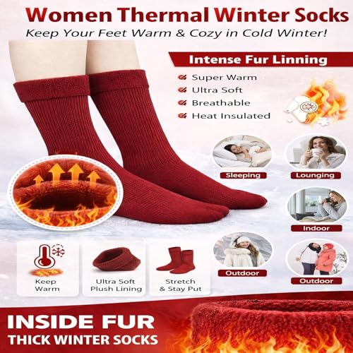 Image of XJARVIS Women Winter 5 Pairs Reguler Length Thumb Socks Woolen Super Thick Thermal, Ultra Warm Velvet Snow Crew Socks for Cold Weather, Hiking & Outdoor - Free Size
