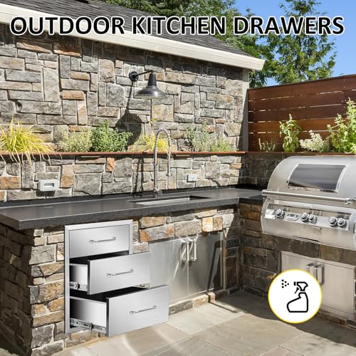 Image of Outdoor Kitchen Drawers 18 inch W x 21 inch H x 21 inch D Flush Mount Triple BBQ Drawers with Chrome Handle Stainless Steel Drawer for Outdoor Kitchen Island, Patio Grill Station