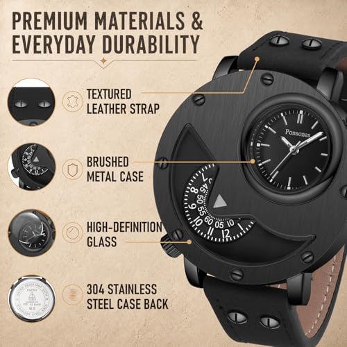 VTAIGE Men's Watch,Dual Time Wrist Watches for Men,Unique Analog Quartz Watch with Leather Strap Cool Design - 3