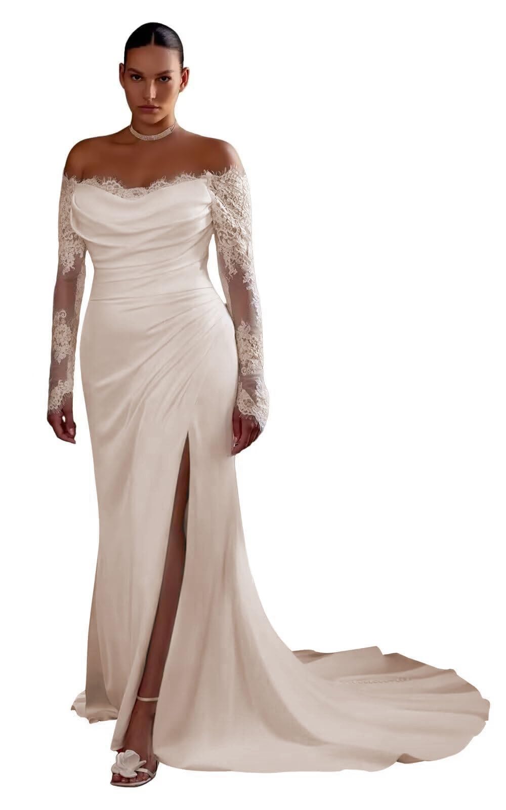 HUINI Spitzen Satin Brautkleid mit Schleppe Off-Shoulder Lange Ärmel Meerjungfrau Hochzeitskleid für Damen