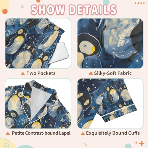 Many Lovely Penguin Satin Summer Pajama Sets Silk Short Sleeve Button Down Sleepwear3