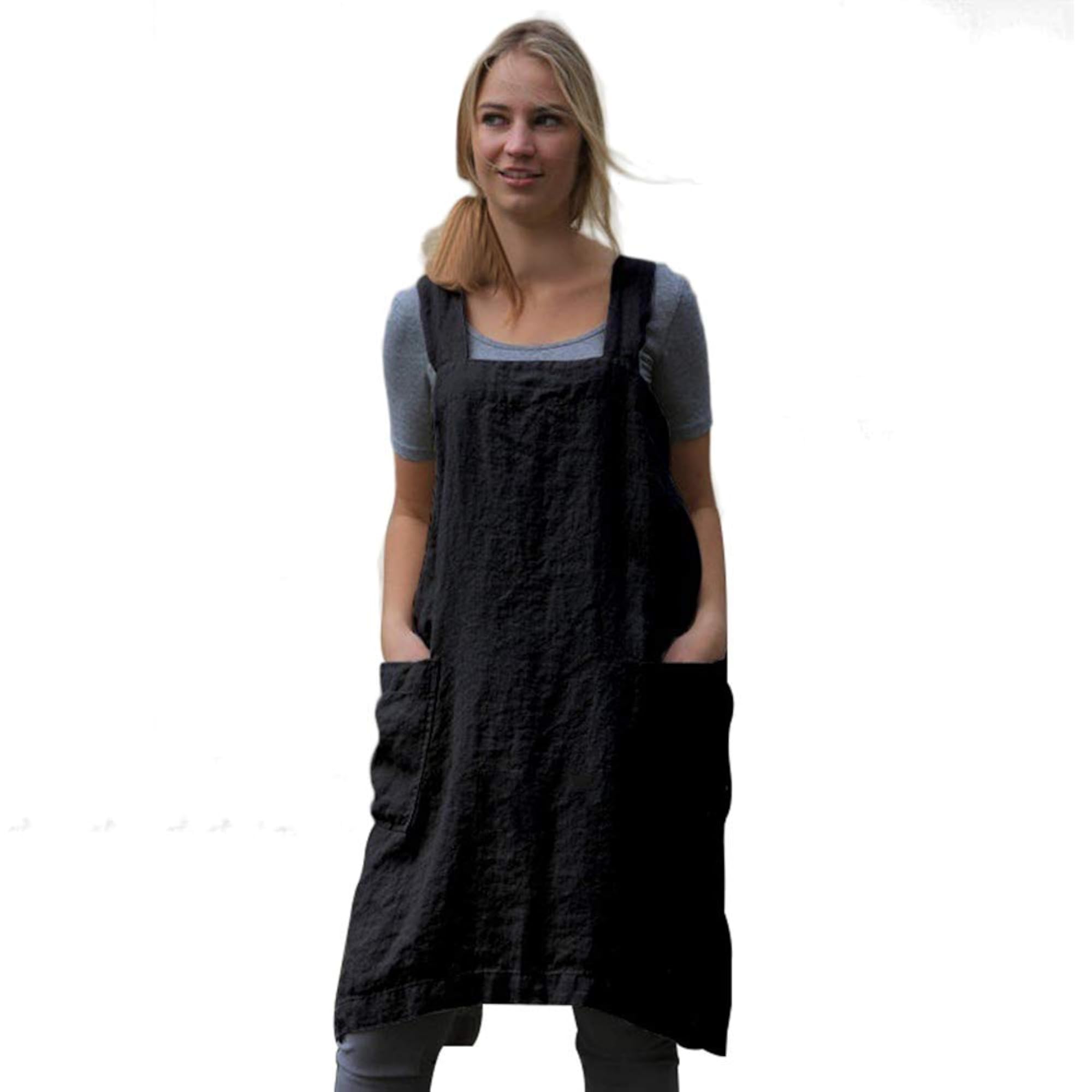 Women's Pinafore Square Apron, Cotton/Linen Blend with Pockets