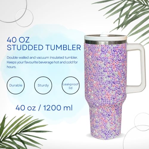 Image of 40 Oz Rhinestone Studded Tumbler with Handle Straw and Lid, Insulated Stainless Steel Double Layer Water Bottle for Women, Reusable Travel Coffee Mug (1200ml) Pearl lilac /pink