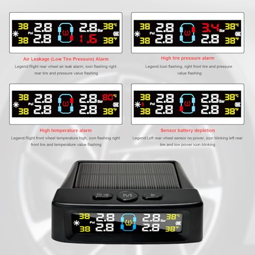 Tire Pressure Monitoring System, Tire Monitoring System with Solar & USB Charger, 4 External Sensors, 6 Alarm Modes, Auto On/Off Real-time LCD Display Tyre Pressure Monitor - Image 5