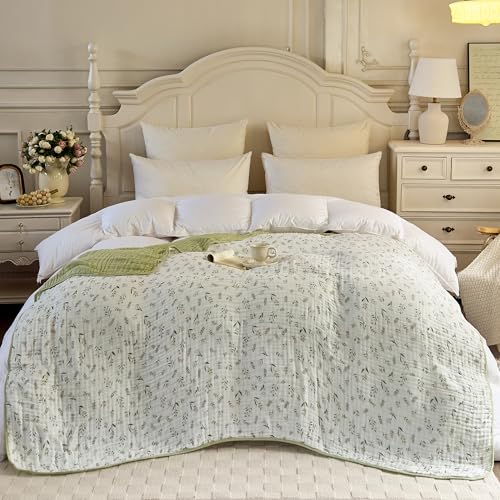 Image of Muslin Throw Blanket 100% Cotton 6-Layer Gauze Floral Pattern Cooling Blanket Lightweight Soft Breathable Quilt for All Season Both Sides for Sofa Couch (Leaves Green, Throw 50 inchx60 inch)