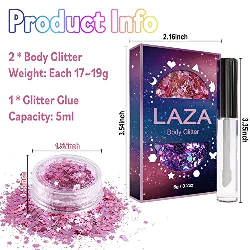 Laza Body Glitter, 2 Jars Holographic Chunky Sequins With Glitter Glue Perfect For Women Eyeshadow Makeup Face Paint Festival Rave Outfits Hair Accessories Carnival Party Costumes - Bright Gold Silver #TOP2