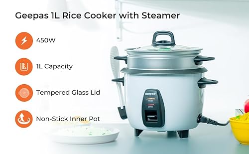 Geepas 450W Rice Cooker & Steamer with Keep Warm Function, 1L | Automatic Cooking, Non-Stick Inner Pot | Make Rice & Steam HealthyVegetabl es | Includes Measuring Cup, Spatula & Detachable Power Cord - Image 8