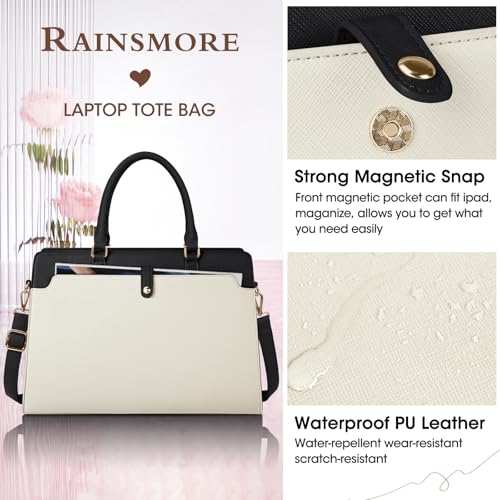RAINSMORE Laptop Bag for Women 15.6 Inch Laptop Tote Bag Leather Work Bag Waterproof Womens Briefcase Business Office Computer Tote Large Capacity Handbag, Beige and Black by RAINSMORE - Image 4