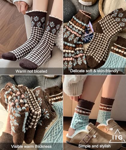 Image of IIG Cute Warm Wool Socks for Women Super Cozy Thick Crew Winter Socks Gifts, 5 Pairs