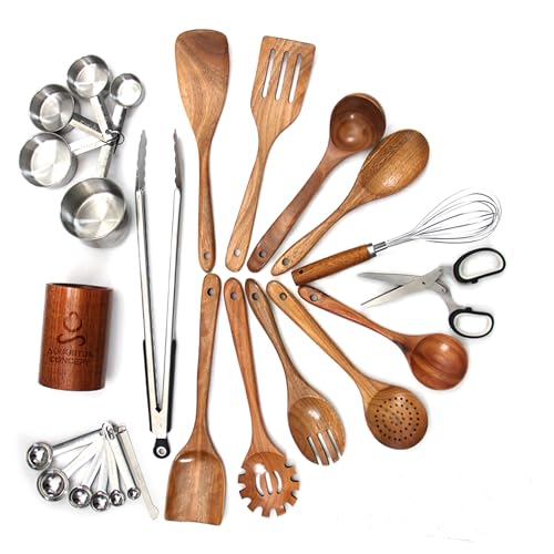 Kitchen Utensils Set - 25 pcs Wood Utensils Set - Nonstick Wooden Spoons for Cooking - Wooden Kitchen Utensils set with Measuring Cups and Spoons Set - Kitchen Shears - Apartment Essentials