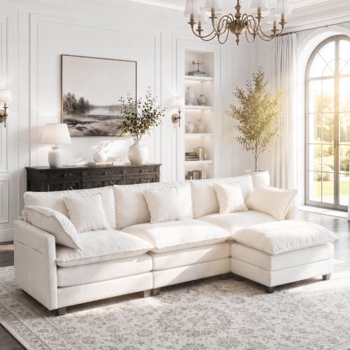 Image of 112 inch L-Shape Modular Sofa with 1 Ottomans, Deep Seat Cloud Convertible Sleeper, 3 Throw 2 Arm Pillows, Comfortable Upholstered Furniture for Living Room Apartment, Beige