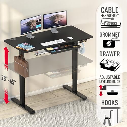 Image of SHW 48-Inch Electric Height Adjustable Standing Desk with Drawer, Memory Preset and Cable Management Tray, Black
