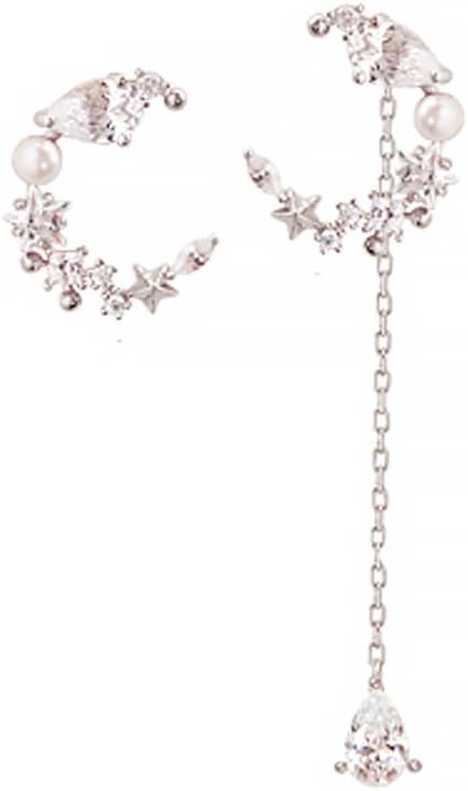 WINGBLING Women Luna & Waterdrop Unbalanced Drop Dangle Earings, Swarovski Crystal & Pearl, White Gold Plated # Goddess Luna (Silver)